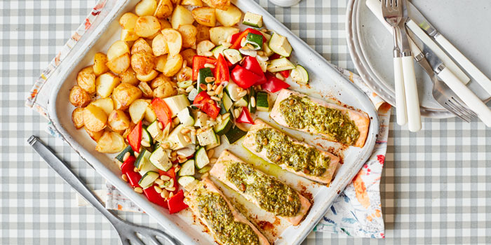 Salmon Pesto Traybake with baby roast potatoes